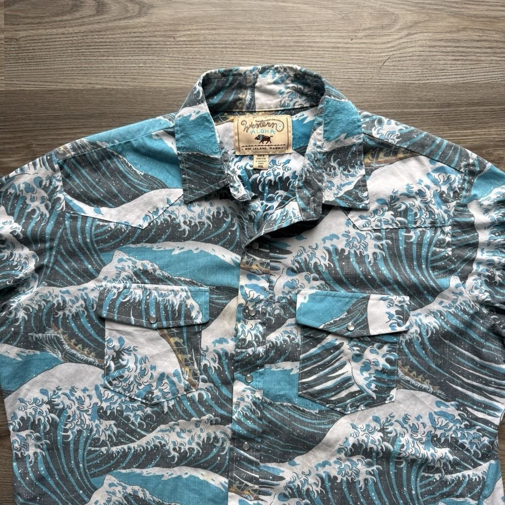 Western Aloha Shirt Mens XXL Hawaiian Pearl Snap Short Sleeve Blue Texas Waves